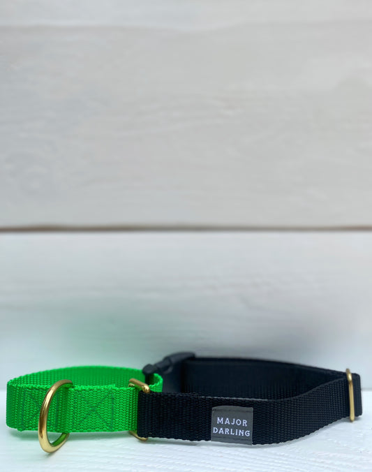 Austin FC dog collar martingale for dogs lime green and black made in Austin Texas