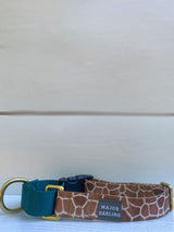 giraffe print and teal martingale dog collar handmade in Austin Texas 