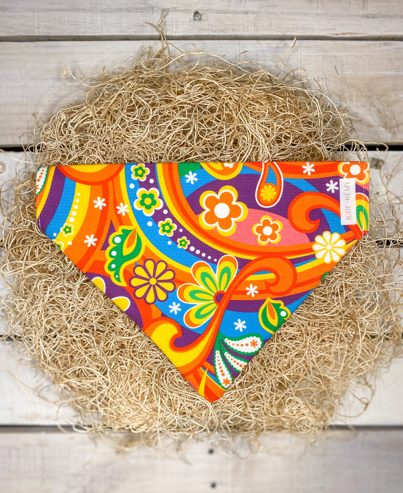 Hippie Flower Power Print Dog Bandana over the collar 