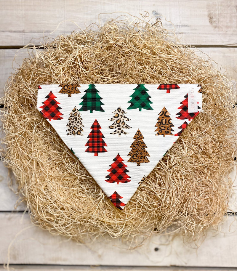 Leopard and Red Plaid Christmas Trees on white over the collar dog bandana 