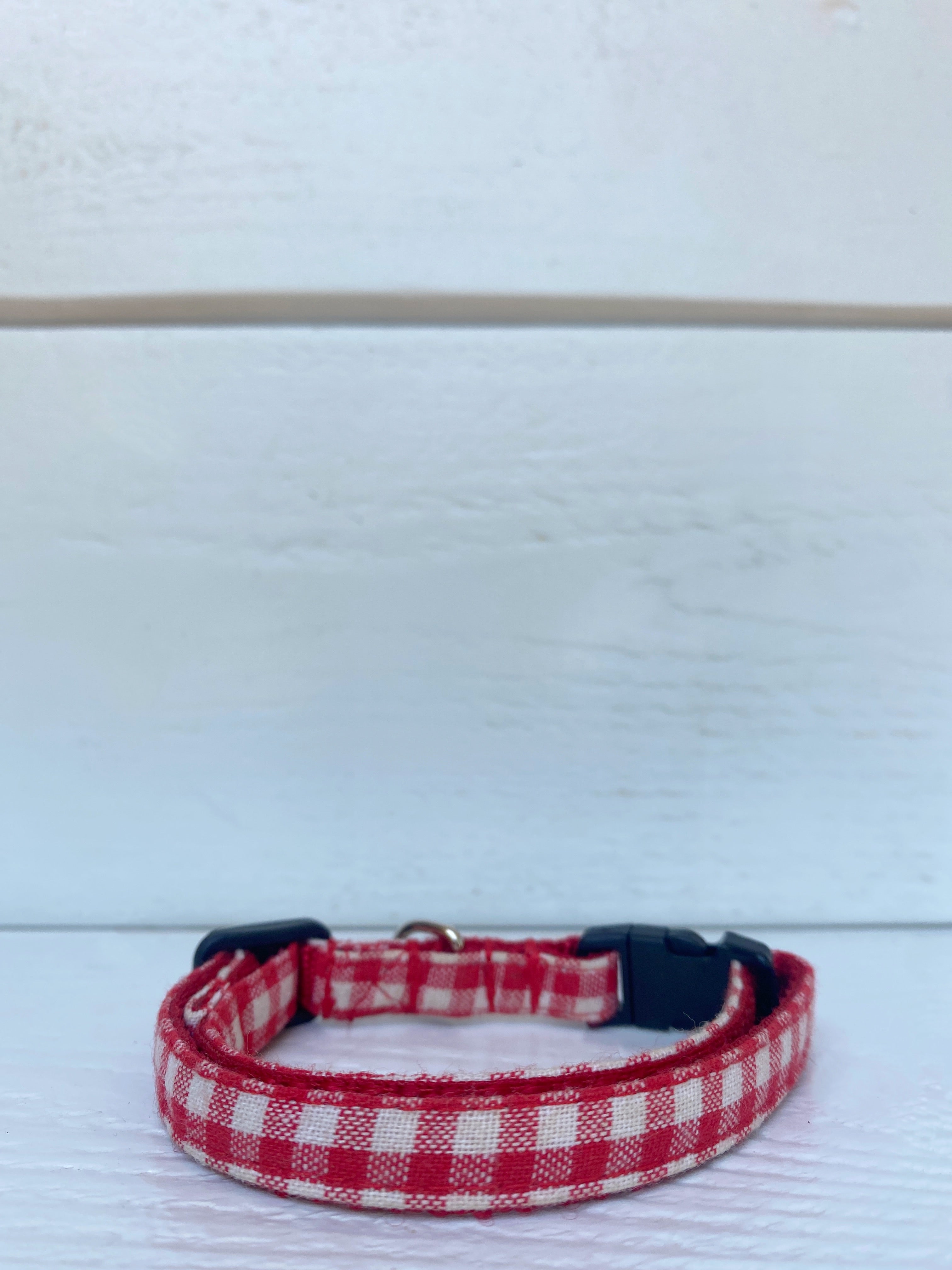 red checkered tiny dog or cat collar with side release buckle handmade in Austin Texas